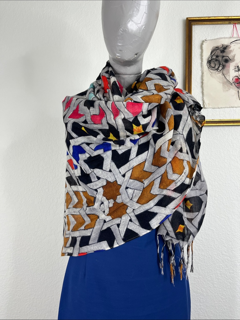 Barbara Bui Paris Kaleidescope Print Linen Semi Sheer Panel Oversized Scarf